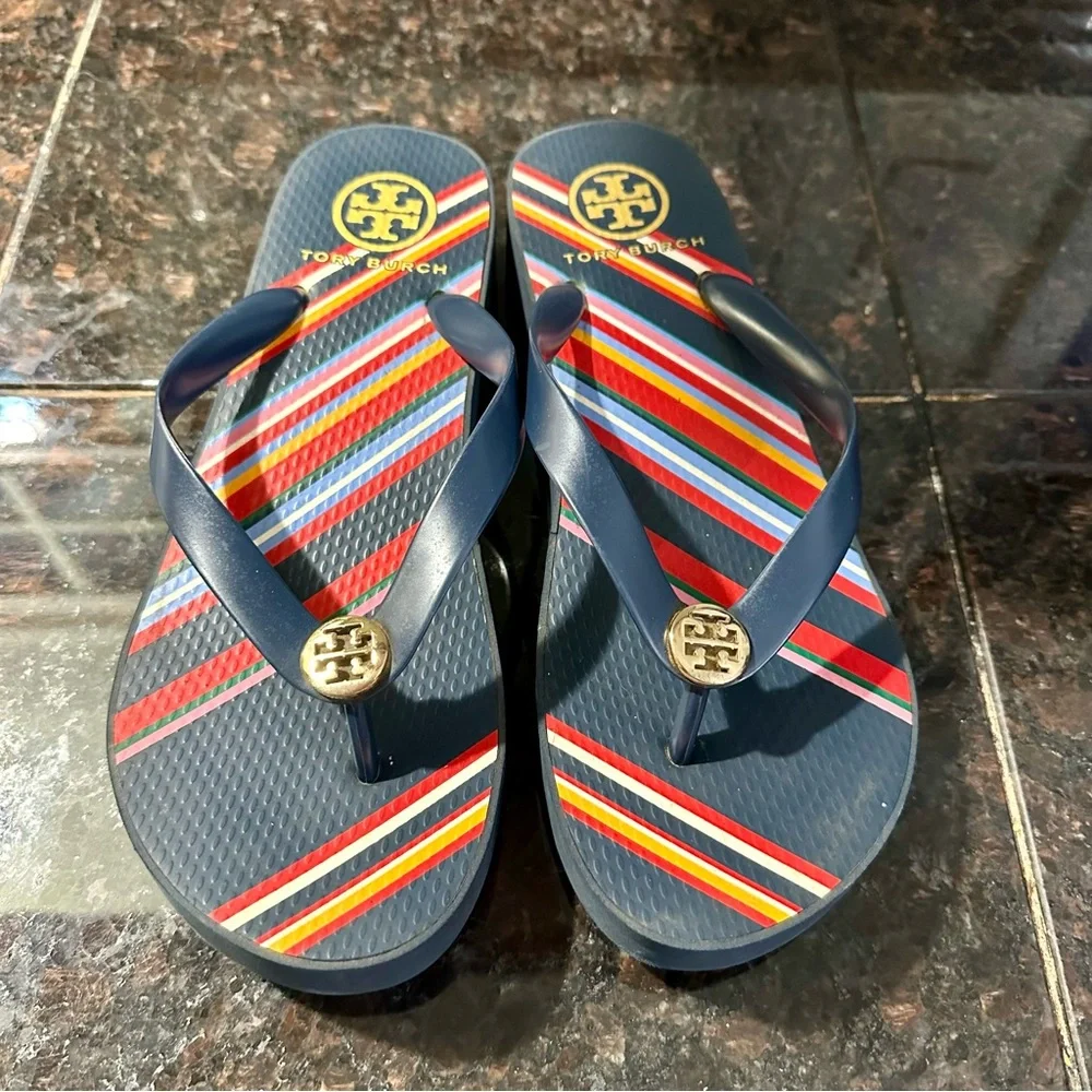 Tory Burch Navy Multicolor Stripe Flip Flops